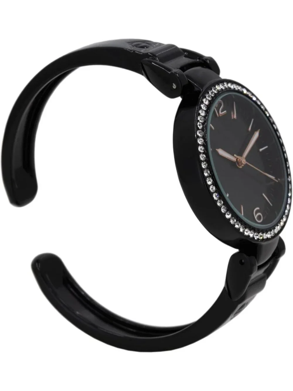Women's Black Analog Quartz Metal hinged Pearl Cuff Rhinestones Bracelet Watch